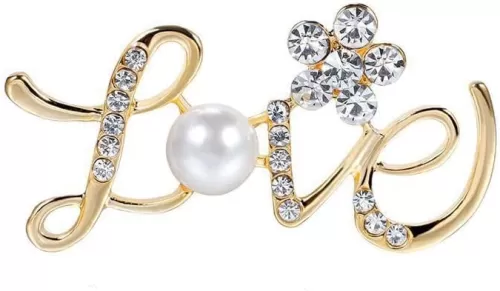 Dainty Love Letter Brooch Pin for Women Girls, Elegant Rhinestone Pearl Brooch Love Flower Scarf Brooch Shawl Pin Clip Badge Corsage Wedding Party Clothes Accessories