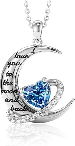 Distance I Love You to The Moon and Back Necklace, S925 Sterling Silver Heart Birthstone Necklace, Birthday Valentines Jewelry Gifts for Women Wife Lovers