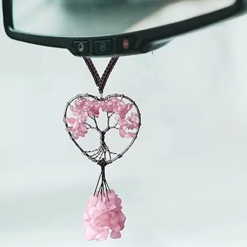 DUQGUHO Pink Car Accessories - Rose Quartz Crystal Rearview Mirror Hanging Ornament - Heart Shape Hippie Boho Spiritual Decorations for Women