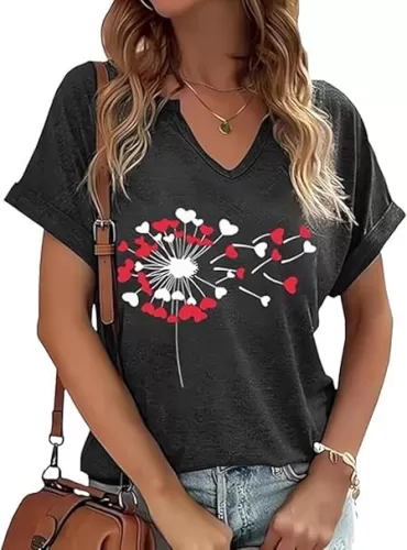 Earlymemb Womens Lover Heart Graphic V Neck Shirt Valentines Funny Couple Matching Casual Short Sleeve Tee Tops