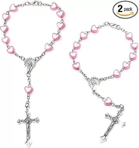 EDINGM 2 Pieces Pink Love Heart Rosary for Rearview Mirror - Auto Hanging Accessories with Lourdes Medal and Cross - Personalized Protection Charm for Car Decor
