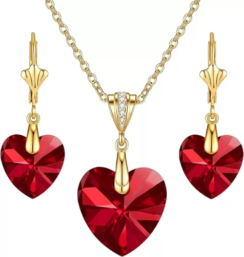 EVEVIC Austrian Crystals Heart Pendant Necklace Earrings for Women 14K Gold Plated Hypoallergenic Leverback Drop Dangle Earring Jewelry Set
