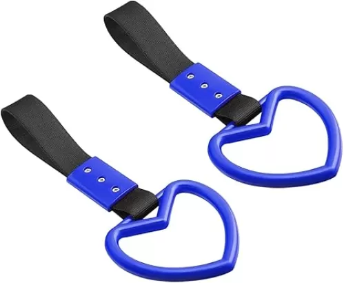 Fekey&JF 2PCS Tsurikawa Rings Heart-Shaped Car Hand Strap, Rear Bumper Warning Loop Janpanese Heart Handle for Cars, SUV, Subway, Bus, Auto Interior Exterior Warning Decoration (Blue/Black)