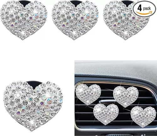 Fogfar Pack-4 Car Bling Air Vent Fresh Clips, Heart-shaped Air Freshening Diffuser, Air Conditioning Vent Clips, Universal for Car Interior Crystal Decorative Clip (White)