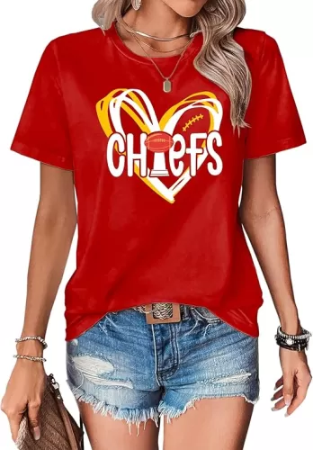 Football T-Shirt Women Game Day Shirts Football Team Fans Pullover Shirt Heart Graphic Short Sleeve Tops