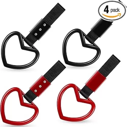 Frienda 4 Pieces JDM Heart Shaped Car Handle Straps Drift Charm Rear Bumper Warning Ring Decor Subway Bus Broken Heart Handle for Car Interior Black and Red(Black, Red)