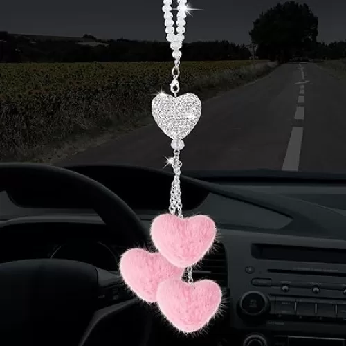 Frienda Bling Diamond Heart Car Rear View Mirror Accessories for Women Valentine Car Accessories Crystal Mirror Hanging Charms Decoration Valentine's Gifts Lucky Hanging Interior Ornament(Pink)