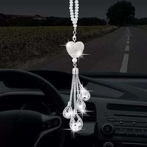 Frienda Bling Heart Car Charms Car Accessories for Women Valentine Gifts Crystal Rear View Mirror Hanging Charms Diamond Decoration Lucky Interior Ornament Pendant(9.8 Inch, White)