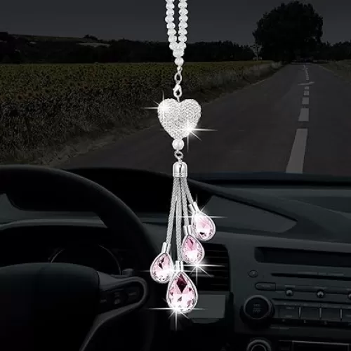 Frienda Bling Heart Diamond Car Charms Car Accessories for Women, Crystal Car Rear View Mirror Charms Car Decoration Lucky Hanging Interior Ornament Pendant Gifts for Women Driver(Pink, 9.8 Inch)