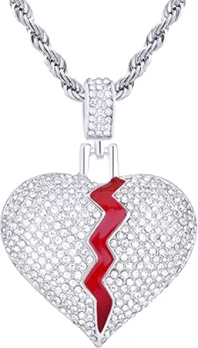 Full Iced Broken Heart Pendant 24" Rope Chain Necklace Rapper Hip hop Fashion HC 16875 S