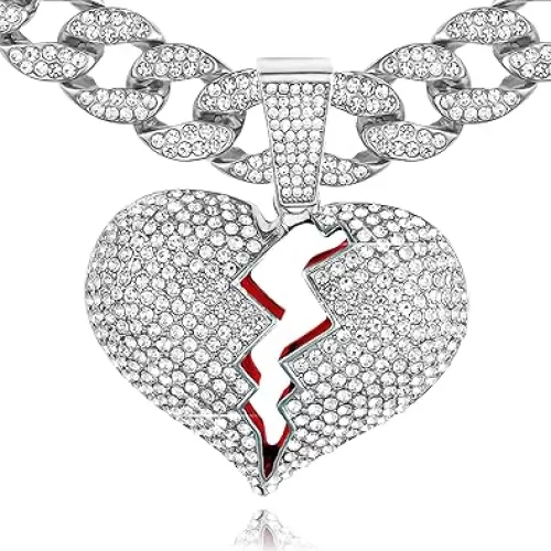Full Iced Out Large Broken Heart Pendant Necklace for Men 14K Gold Silver Plated 5A+ Cubic Zirconia Cuban Link Luxury Diamond 24 Inch Bling Chain