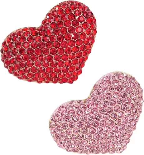 Gyn&Joy 2Pcs Set Pink And Red Rhinestones Heart Love Brooches