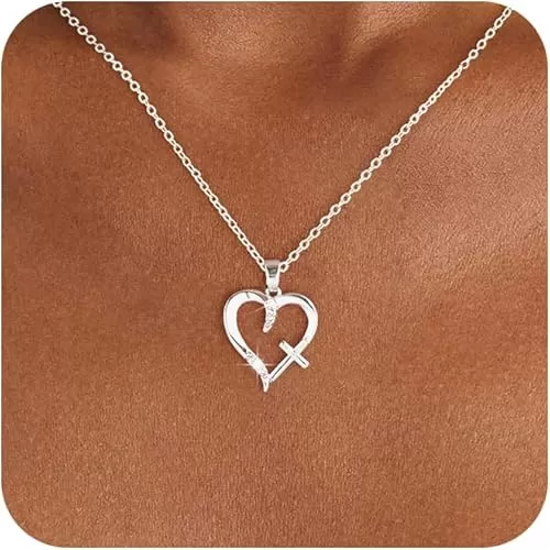 Heart Cross Necklaces For Women, 14K Real Gold Silver Plated Dainty Charm Love Heart Cross Pendant Necklace For Women, Necklaces Jewelry Gift for Women Present on Anniversary Christmas Valentines Mothers Day Birthday