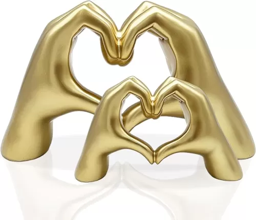 Heart Hands Sculpture Gold Decor Statue, Love Finger Aesthetic Art Decor for Living Room Bedroom Bookshelf Coffe Table, Modern Hand Sculpture for Boho Wedding Decorations(Golden, 2pcs)