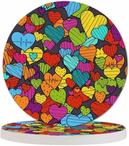 Hearts Doodle Cup Coasters for Table Valentine's Day Symbol Cute Colorful Love Confetti Splash Reusable Drink Coasters Set 2 Pcs Coffee Home Farmhouse Living Room Bar Decor