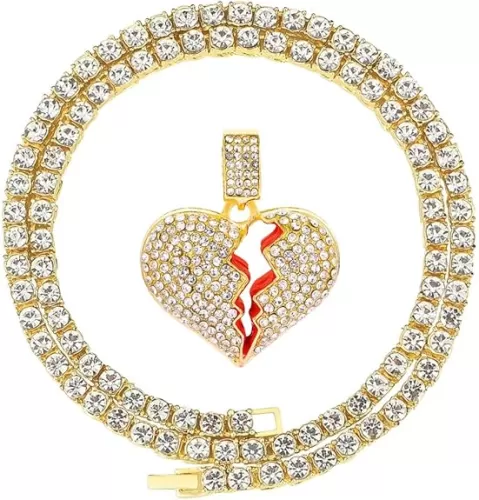 HH BLING EMPIRE Iced Out Broken Heart Chain Necklace for Men Women, Silver Gold Heart Pendant with Rope | Tennis | Cuban Link Chains, Hip Hop Rapper Chain Necklaces