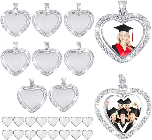 Hicarer 24 Pcs Rhinestone Pendant Trays Set Including 8 Heart Shape Double Sided Blank Pendant Charms with 16 Glass Domes Blank Discs Necklaces Halloween Jewelry Making