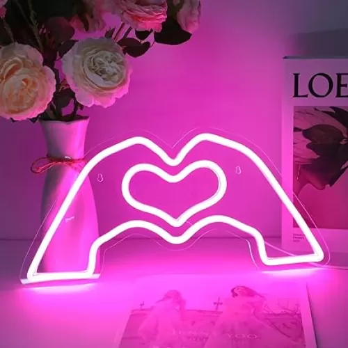 HMASYO Heart Hands Neon Sign, Music Singer Love Finger Neon Light with Dimmer and USB, LED Wall Art for Music Lover Bedroom Game Room Bar Party Wedding Birthday Christmas Decor 15.7"