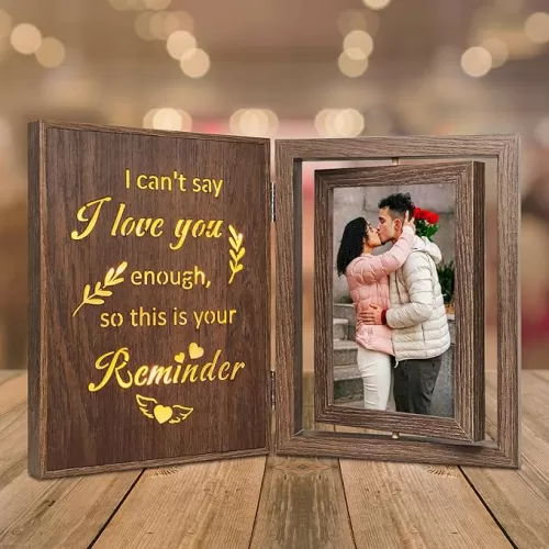 I Love You Gifts for Her and Him – Light Up I Love You Picture Frame, Rotating Wooden Love Frame Gifts for Mom Dad Daughter Son Friend - Holds 2 4x6 Photos