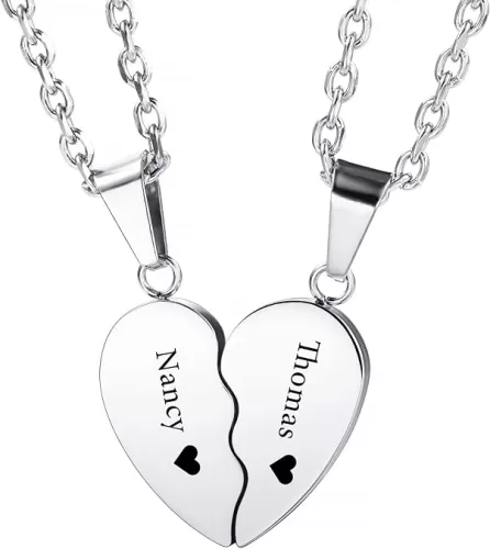 INBLUE Personalized Couple Necklace Custom Engraving Name Date for Men Women Boyfriend Girlfriend Birthstone Matching Heart Pendant Stainless Steel Adjustable Chain Lover Relationship Gift