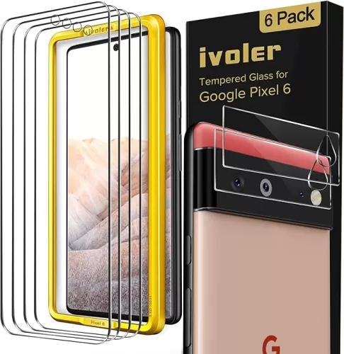 ivoler [4+2 Pack Screen Protector for Google Pixel 6 [4 Pack] with Camera Lens Protector Tempered Glass [2 Pack] [Fingerprint Unlock Compatible] with Alignment Frame Easy Installation HD Clear Film