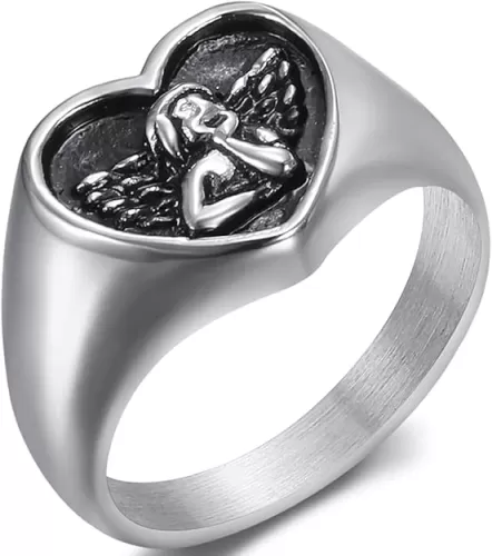 Jude Jewelers Stainless Steel Heart Shaped Signet Style Angel Pattern Statement Promise Wedding Ring