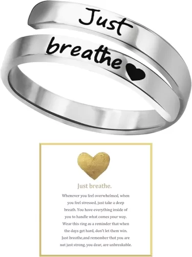 Just Breathe Ring for Women, Adjustable Heart Ring, Stainless Steel Spiral Wrap Healing Rings, Inspirational & Heart felt Gift