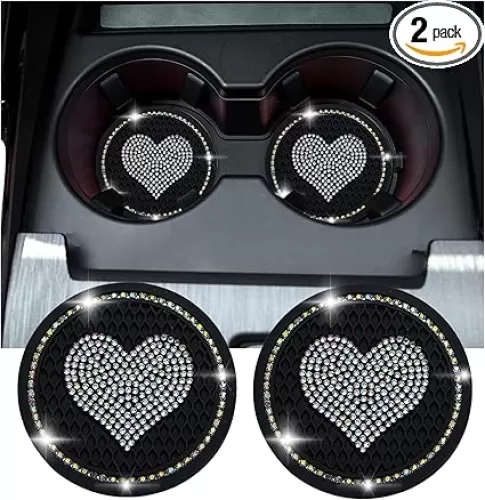Kewucn 2 PCS Bling Car Cup Coaster, 2.75 Inch Heart Rhinestone Holder Insert Coaster, Anti-Slip Waterproof Crystal Auto Cup Mat, Universal Vehicle Accessories for Women Girls (Black & AB)