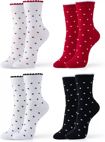 kikiya socks Women Crew | 4-6 Pairs Flower Heart Pattern Tube Striped Polka Dots Design | Ladies Soft Cotton Socks | US 6-8