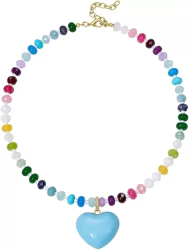 KissYan Beaded Necklaces for Women, Colorful Boho Bead Choker With Bubble Puffy Heart Pendant, Natural Stone Rainbow Necklaces Summer Surfer Beach Handmade Jewelry Gift