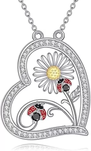 Ladybug Necklace Sterling Silver Daisy Pendant Heart Jewelry Gifts for Women