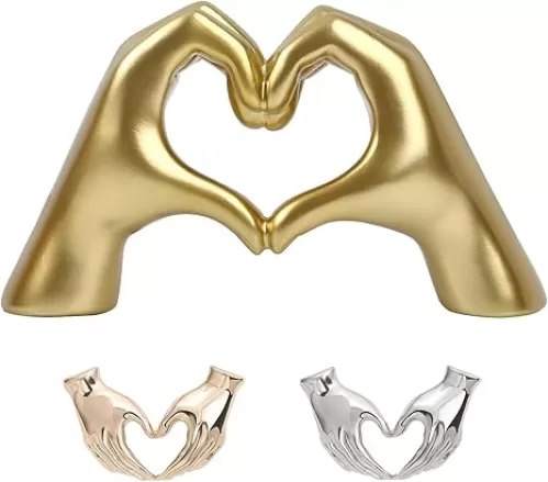 Large Heart Hands Sculpture with 2 Pcs Heart Hand Brooch，Hearts Hand Love Gesture Hand Sculpture Home Office Decor Statue (Gold Color)