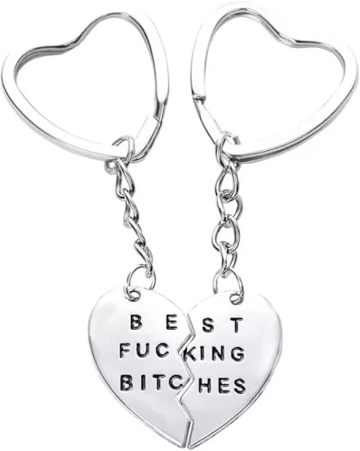 lauhonmin Best Friend Gift 2pcs Silver Best Fucking Bitches Split Puzzle Broken Heart Pendant Couple Keychain Set