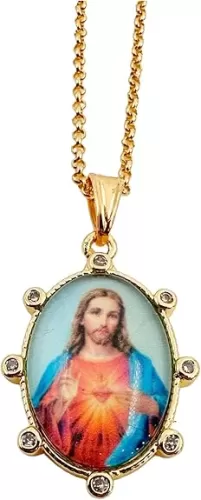LESLIE BOULES 18K Gold-Plated Sacred Heart of Jesus Pendant Necklace - 18 Inches, Divine Love Symbol with Colorful Medal and Zircon Accents