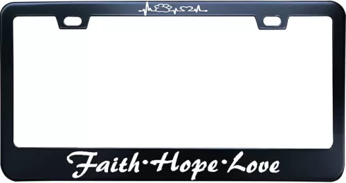 License Plate Frame Black Metal Tag, Faith Hope Love Symbol Heart Paw, License Plate Holder for Front/Back Vehicle, 2 Holes and Screws