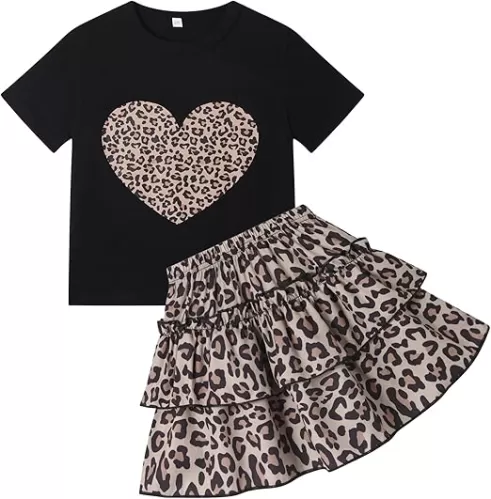 Little Girls Skirt Set - 2 Piece Short Sleeve Top Shirred Tiered Skirt Outfit Girls Spring Summer Clothes 3-8 Years
