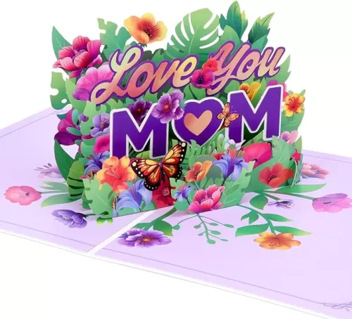 Love You Mom Pop Up Card, Flower, Heart Shaped Symbol, Gift For Birthday, Mothers Day, Anniversary, Valentines Day, Mom, Godmother, Mother in Law, 6x8 - Includes Envelope And Message Note（Purple）
