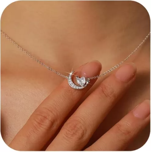 LOVECOM Big Moon Heart Necklaces for Women Dainty 925 Sterling Silver Cute Love Heart CZ Pendant Charm Chain Necklace Star Necklace Jewish Jewelry Birthday Gifts for Mom Daughter