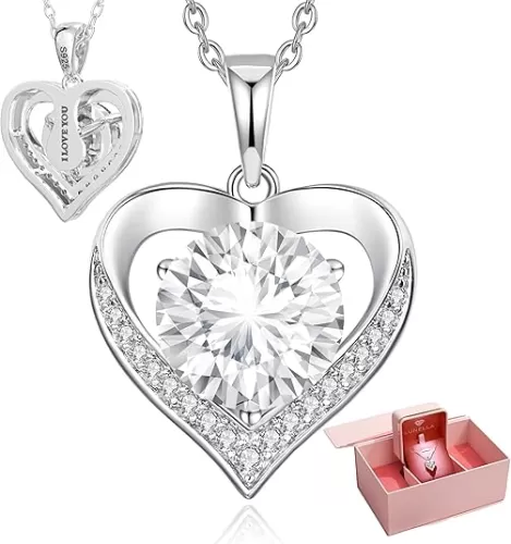 Lunella Moissanite Necklace for Women 1-3 Carat Heart Pendant, “I LOVE YOU” Engraved, Sterling Silver, Jewelry Gifts for Girlfriend, Wife, Mom – Anniversary, Birthday, Valentine’s Day, Christmas