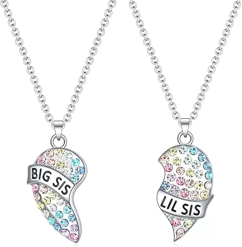 luomart Girls Sister Necklace Gifts for 2, Big Sister Little Sisters Jewelry Gift for 2, Rainbow Broken Heart BFF Friendship Pendant for Women