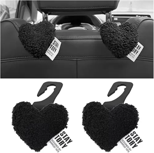 Mandark Car Headrest Hooks, 2PCS Cute Big Heart Shape Vehicle Seat Storage Hanger, Portable Automotive Interior Seatback Hanging Organizer Decoration Accessories, Universal Fit (Black)