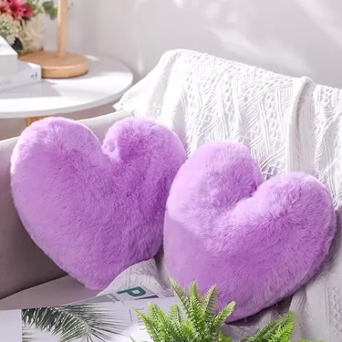 Marsui 2 Pcs Fluffy Heart Shaped Pillow Plush Cute Heart Shaped Throw Cushion Stuffed Decorative Gift Throw Pillow for Couch Bed Sofa Decoration Women(Purple，11.81 x 11.02 Inch)