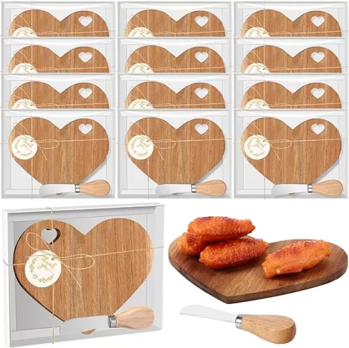 Maxcheck 12 Set Bridal Shower Favors Heart Cheese Board 7 x 5 Inch Mini Charcuterie Boards with Knives Thank You Tags for Wedding/baby Shower Prizes (Brown)