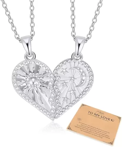 MEALGUET Moon and Sun Matching Heart Necklace : Promise Love Broken Heart Couple Necklace for Him and Her Pendant Necklace Jewelry Gift Boyfriend Girlfriend Friendship