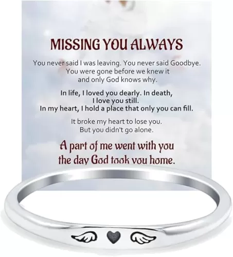 Memorial Rings For Women, Missing You Always Tiny Heart With Wings Angel Guardian Stackable Personalized Gift Jewelry