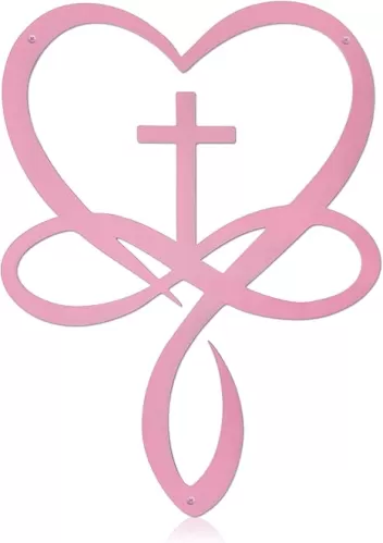 Metal Infinity Heart Cross Wall Decor, Unique Cross Decorative Wall Art, Heart And Love Sign Wall Plaques, Love Gift For Adult Home Wedding Decor Room Bedroom Living Room Decoration（Pink)