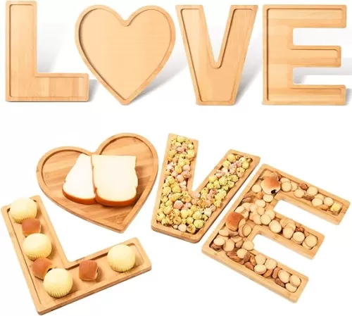MixTeach LOVE Charcuterie Boards Bamboo Wooden Letters Serving Tray Love Shaped Wood Serving Platter Fruit Salad Cookie Cheese Dish Plate for Valentine's Day Wedding Anniversary Engagement Party Decor