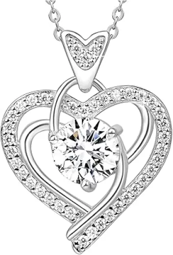 Moissanite Necklace for Women, Heart Talisman, 2 Carat Heart Pendant Sterling Silver Necklace, Anniversary Eternity Jewelry Gifts for Her & Birthday Gift for Wife, Women, Girlfriend, Mom (1-3 CT)