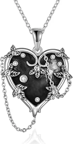 MONGAS Witches Heart Necklace for Women 925 Sterling Silver Black Heart Necklace Skull Goth Halloween Jewelry for Women Witchy Gifts