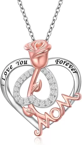 Mothers Day Gifts 925 Sterling Silver Heart Rose Necklace, I Love You Forever Pendant Necklace Rose Jewelry Birthday Mothers Day Gift for Women Mom Daughter